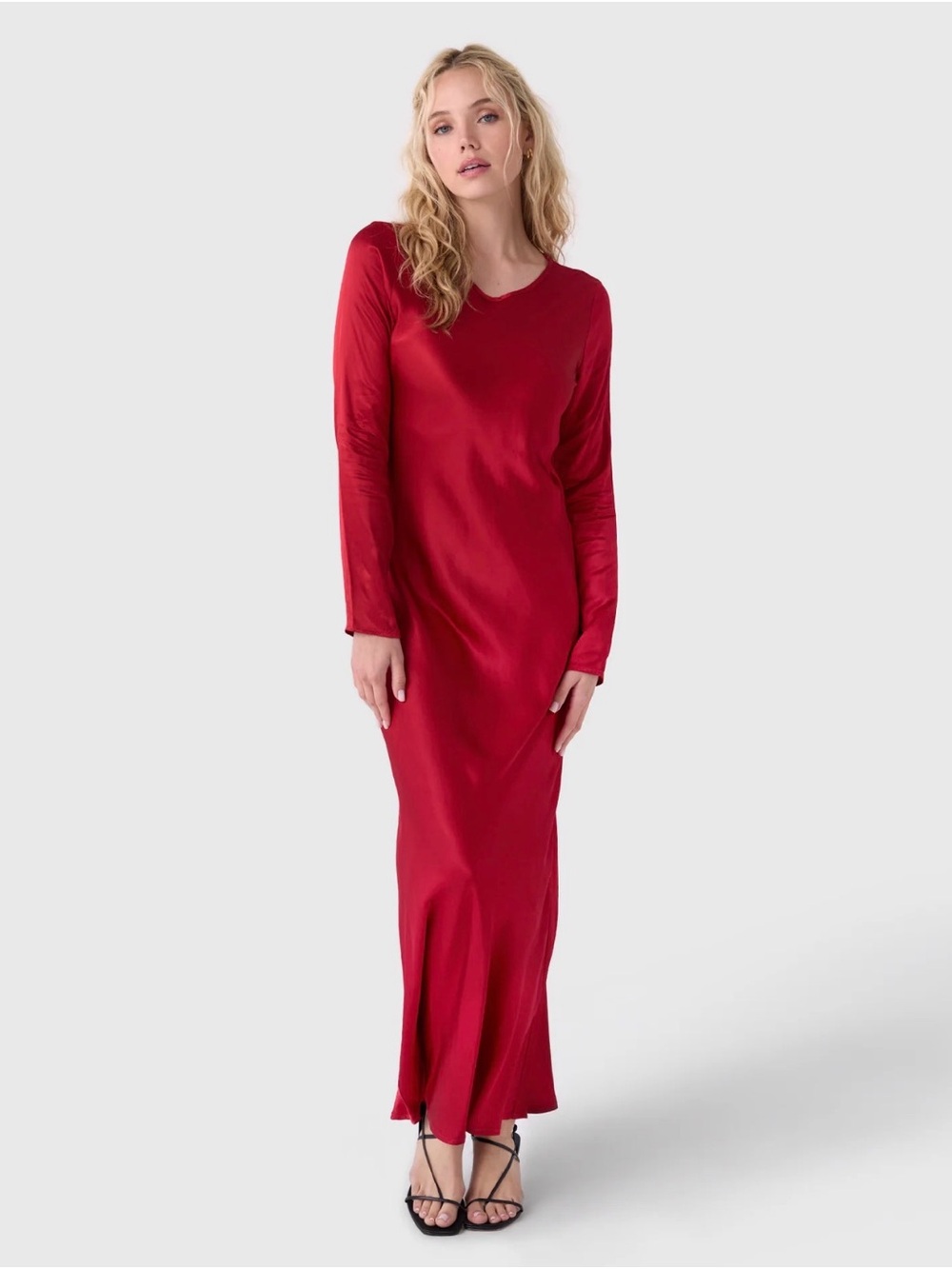 MVG HEATHER DRESS Red Long Sleeve Satin Maxi Dress